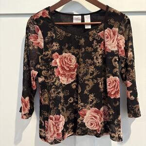 Mesh Overlay Y2K Top Medium Whimsigoth Roses Romantic Feminine Semi Sheer Bloom‎